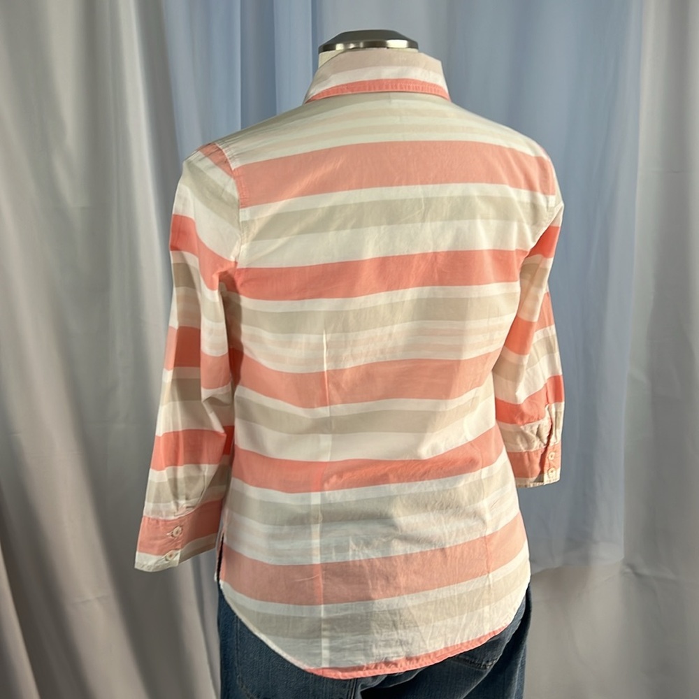 Van Heusen button up cotton stripe orange tan white collared 3/4 sleeve blouse M - Picture 3 of 9
